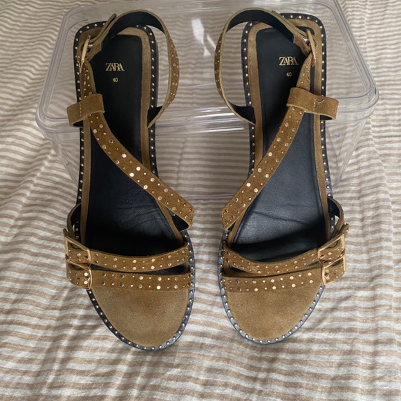 Zara Flat Split Suede Slider Sandals with Studs, Brown, Size EU 40 - Picture 2 of 6